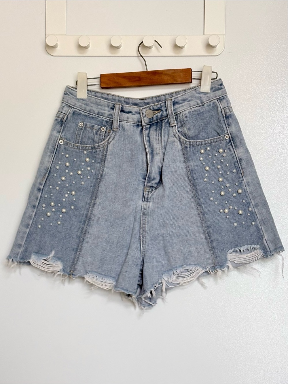 Distressed Denim Shorts with Pearl-Embellishments